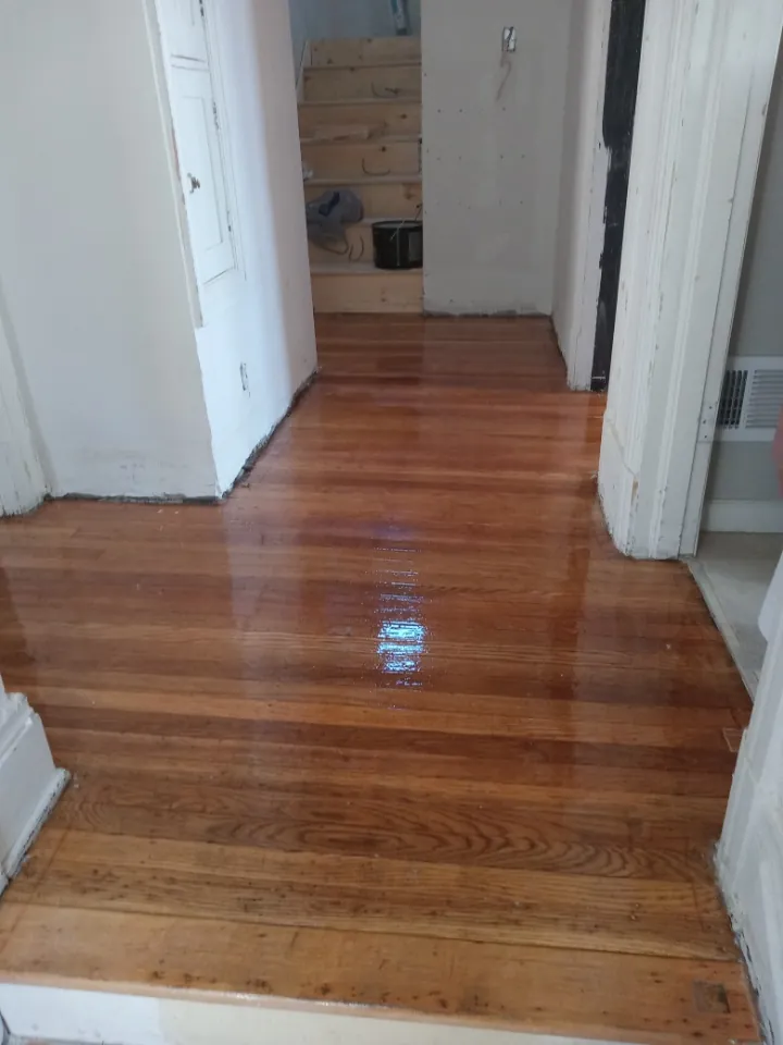 Refinished hardwood hallway floor