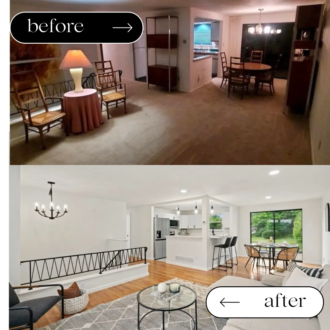 Before and after of a living and dining area refreshed with new floors and paint