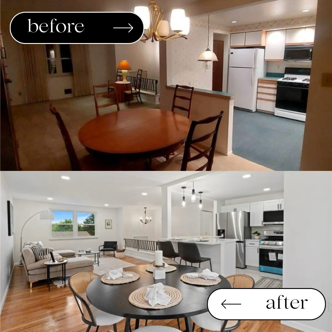 Before and after of a dining room and kitchen remodel