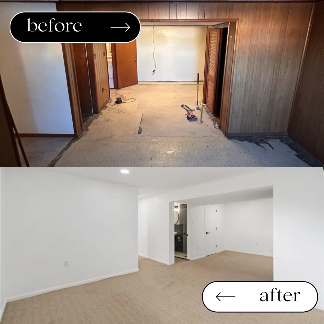Before and after of a gutted room rebuilt with new drywall and fresh paint
