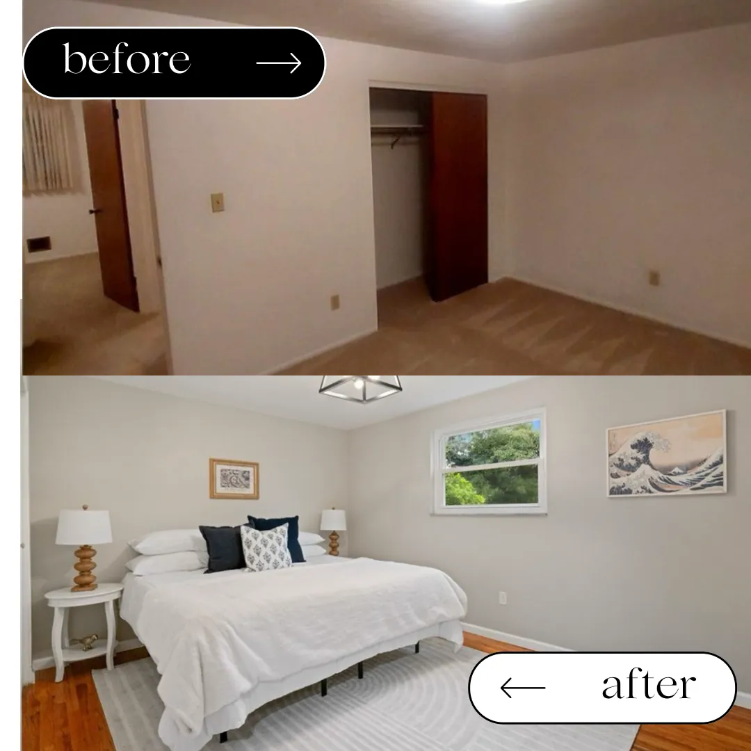 Before and after of a bedroom with repaired walls and a fresh coat of paint